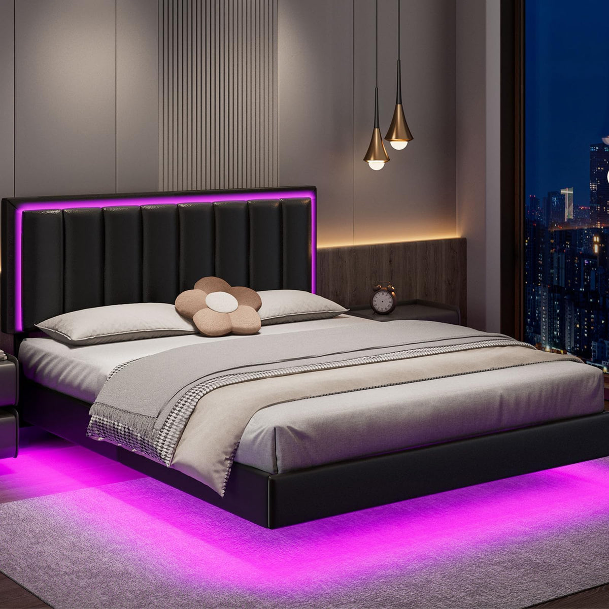 Black Full Size Floating Bed Frame with LED Lights H208