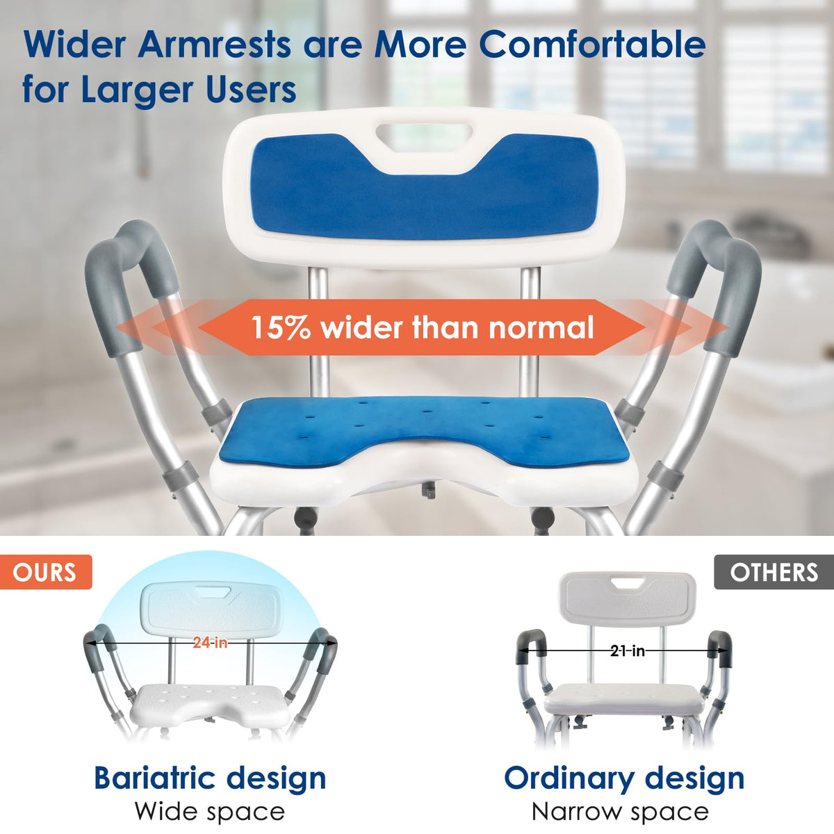 Extra Wide Padded Armrests Shower Chair, 500lbs Capacity, Aluminum D96907