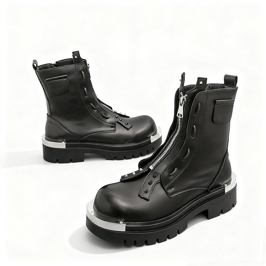 Men'S Leather Chunky Heel Motorcycle Boots With Front Zipper Round Toe Non-Slip Lug Sole Platform Ankle Boots O110