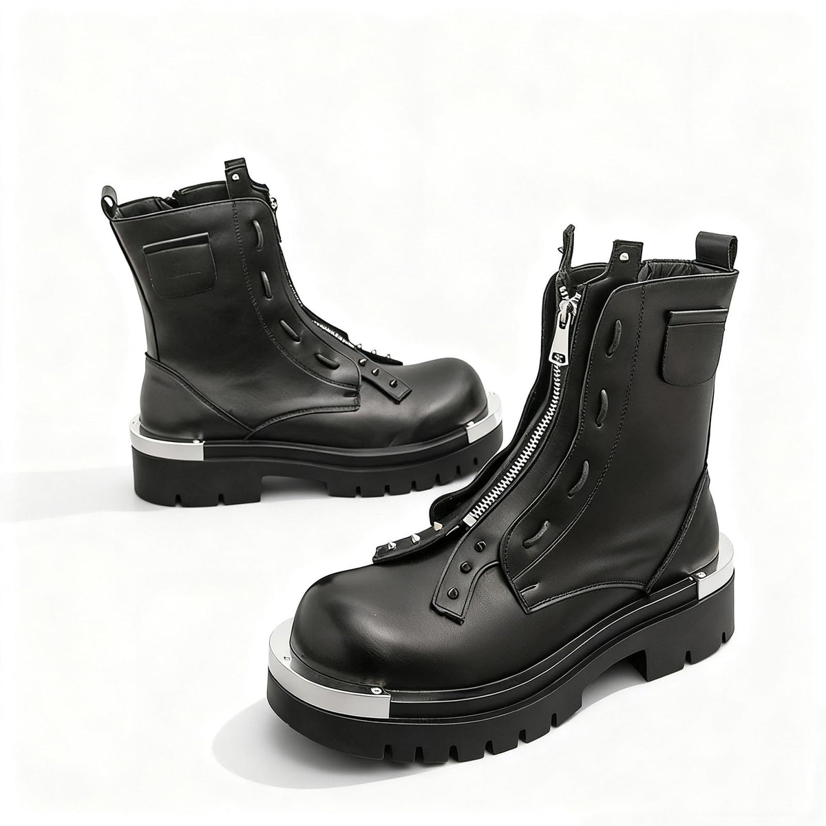 Men'S Leather Chunky Heel Motorcycle Boots With Front Zipper Round Toe Non-Slip Lug Sole Platform Ankle Boots O110