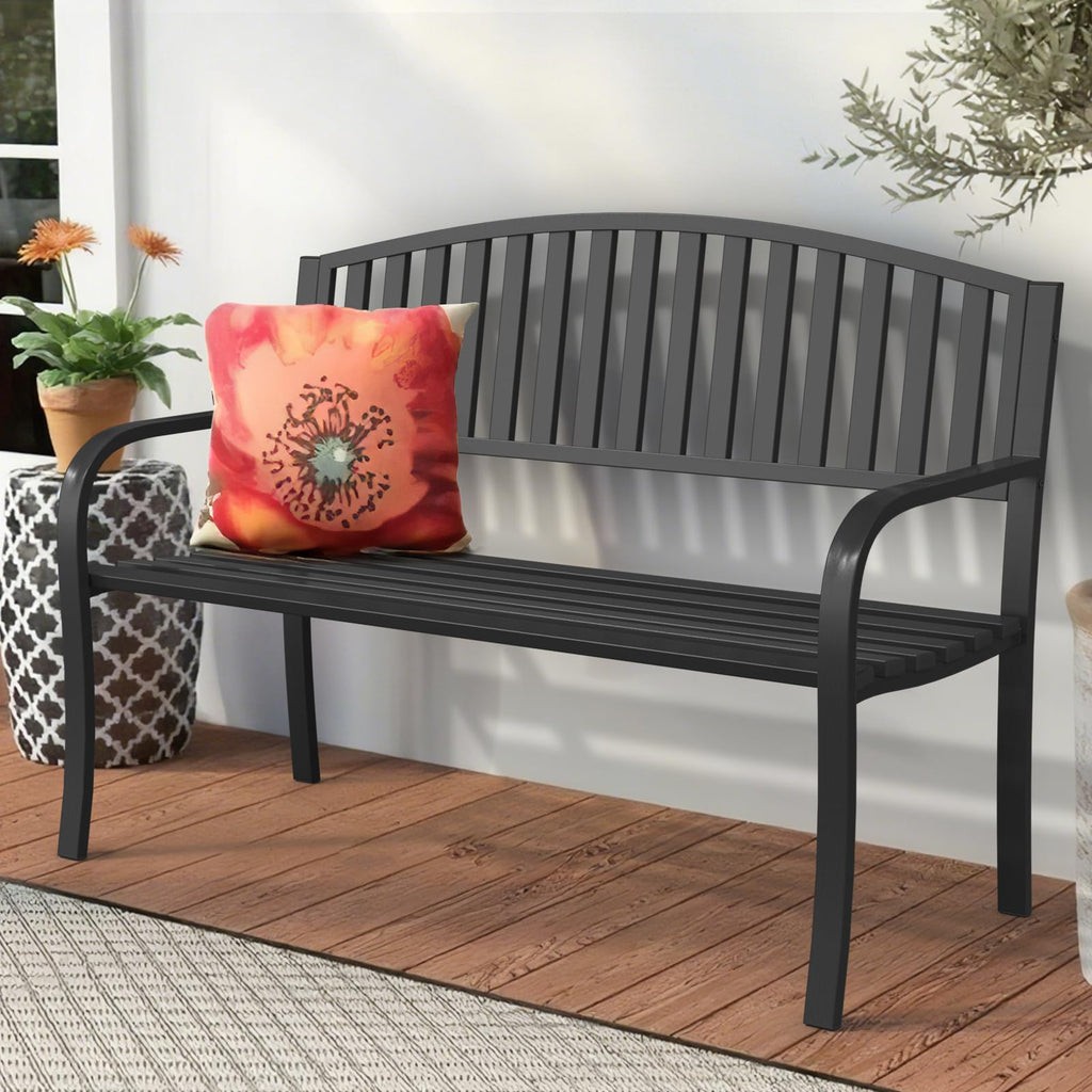 50" Iron Metal Outdoor Bench with Backrest and Armrests N702389