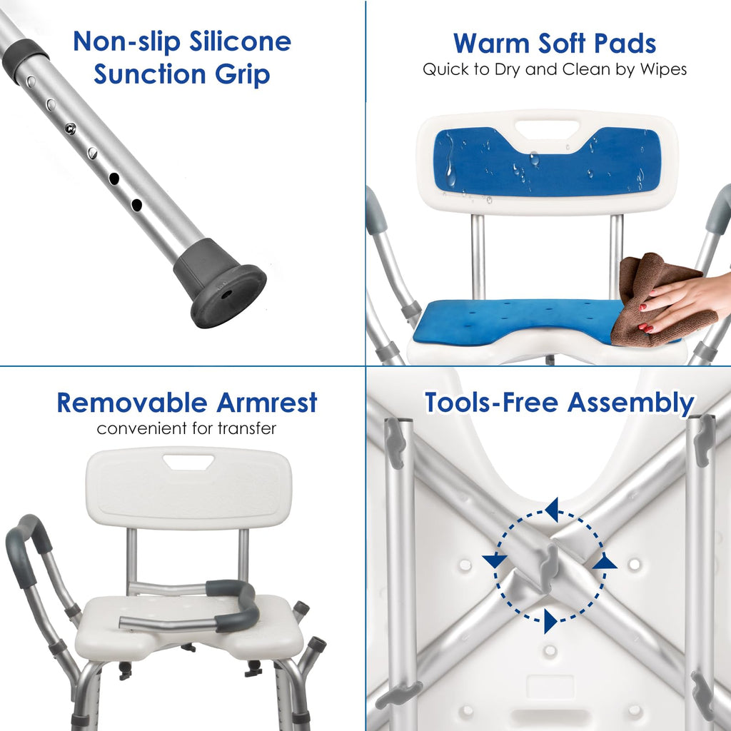 Extra Wide Padded Armrests Shower Chair, 500lbs Capacity, Aluminum D96907