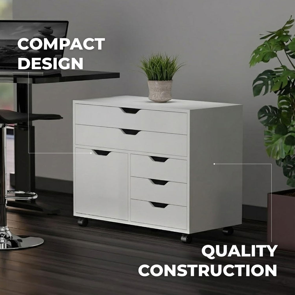 White Mobile Storage Cabinet with 1 Door & 5 Drawers V310769
