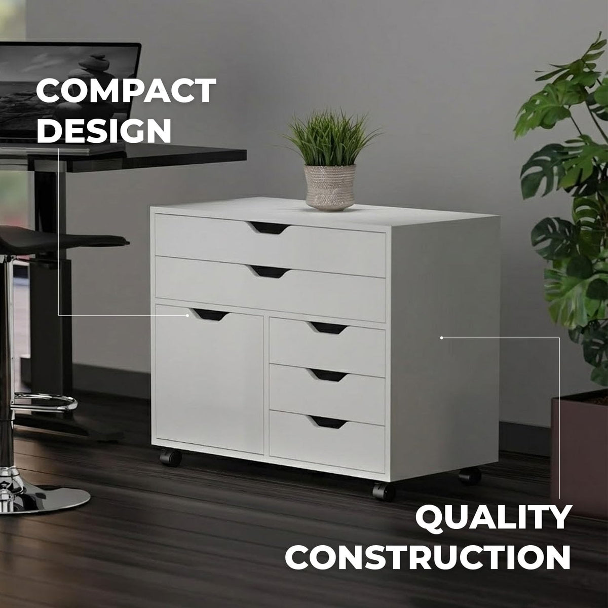 White Mobile Storage Cabinet with 1 Door & 5 Drawers V310769