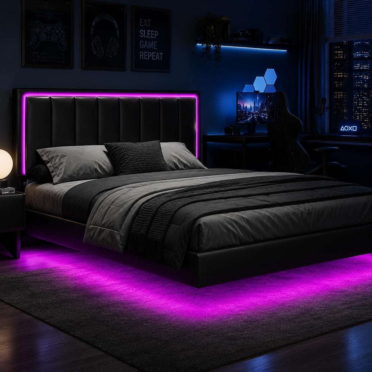 Black Full Size Floating Bed Frame with LED Lights H208