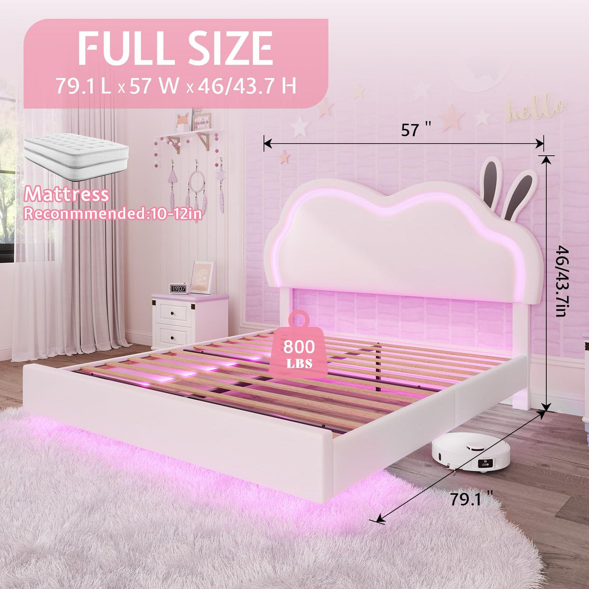 White Full Floating Bed Frame with Adjustable Headboard Y39906