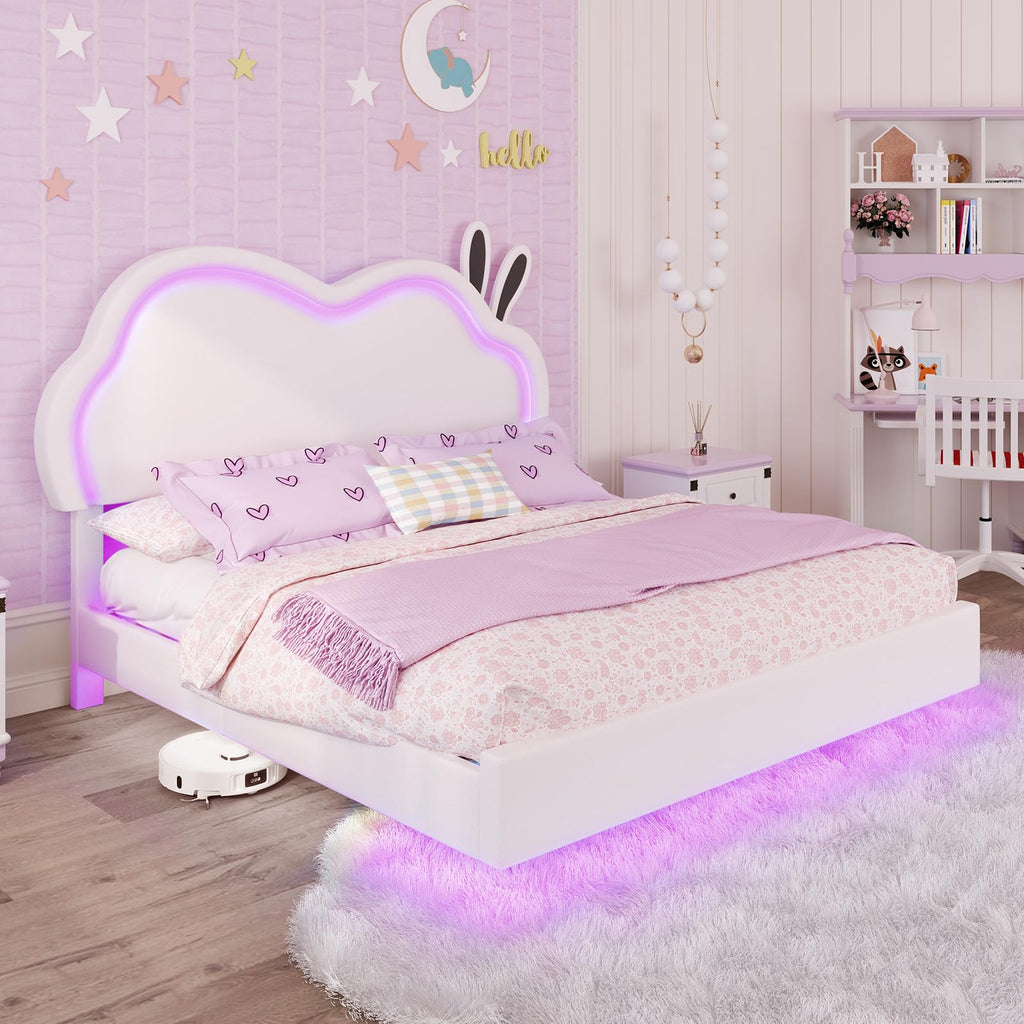 White Full Floating Bed Frame with Adjustable Headboard Y39906
