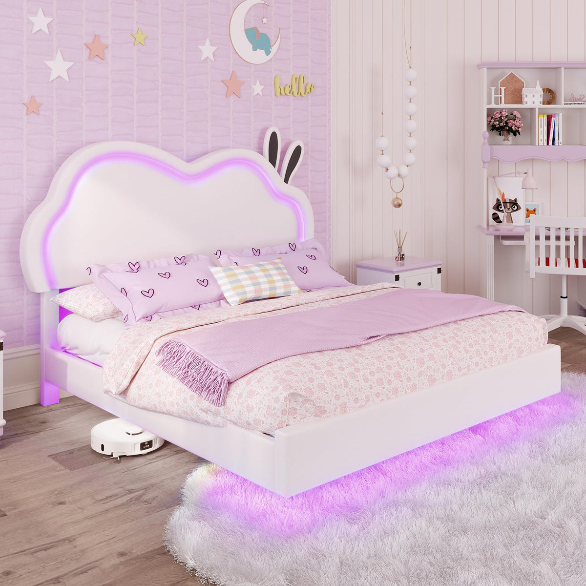 White Full Floating Bed Frame with Adjustable Headboard Y39906