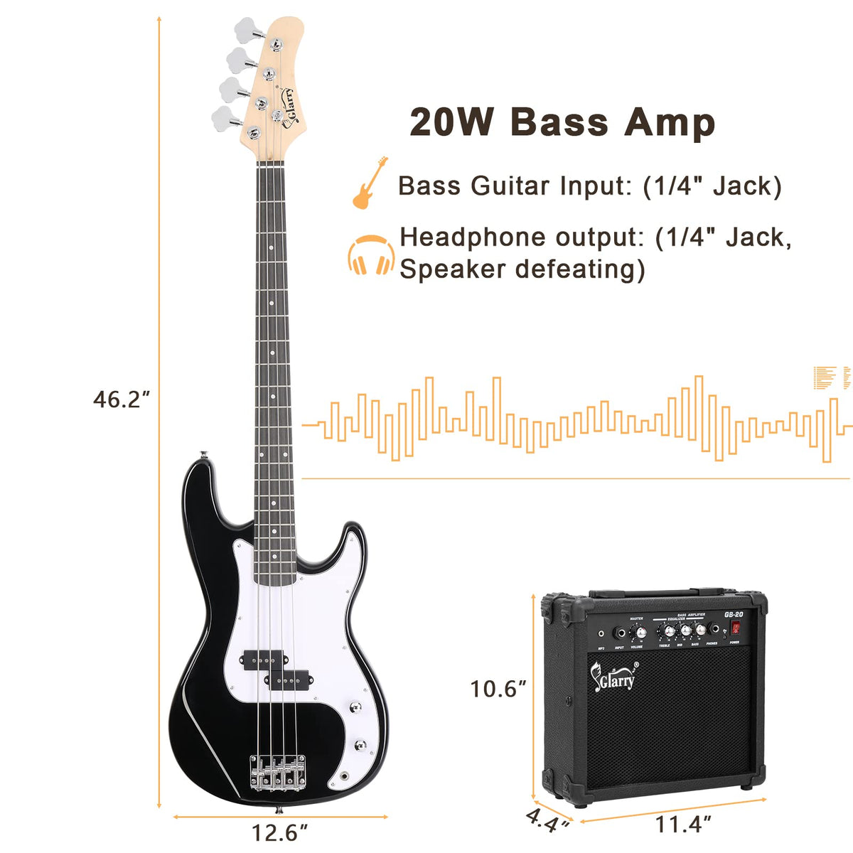 Full Size 4 String Basswood Electric Bass Guitar Beginner Kit with 20W Amp E135