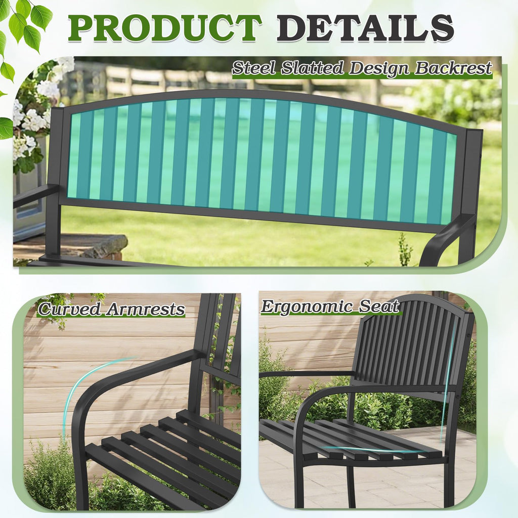 50" Iron Metal Outdoor Bench with Backrest and Armrests N702389