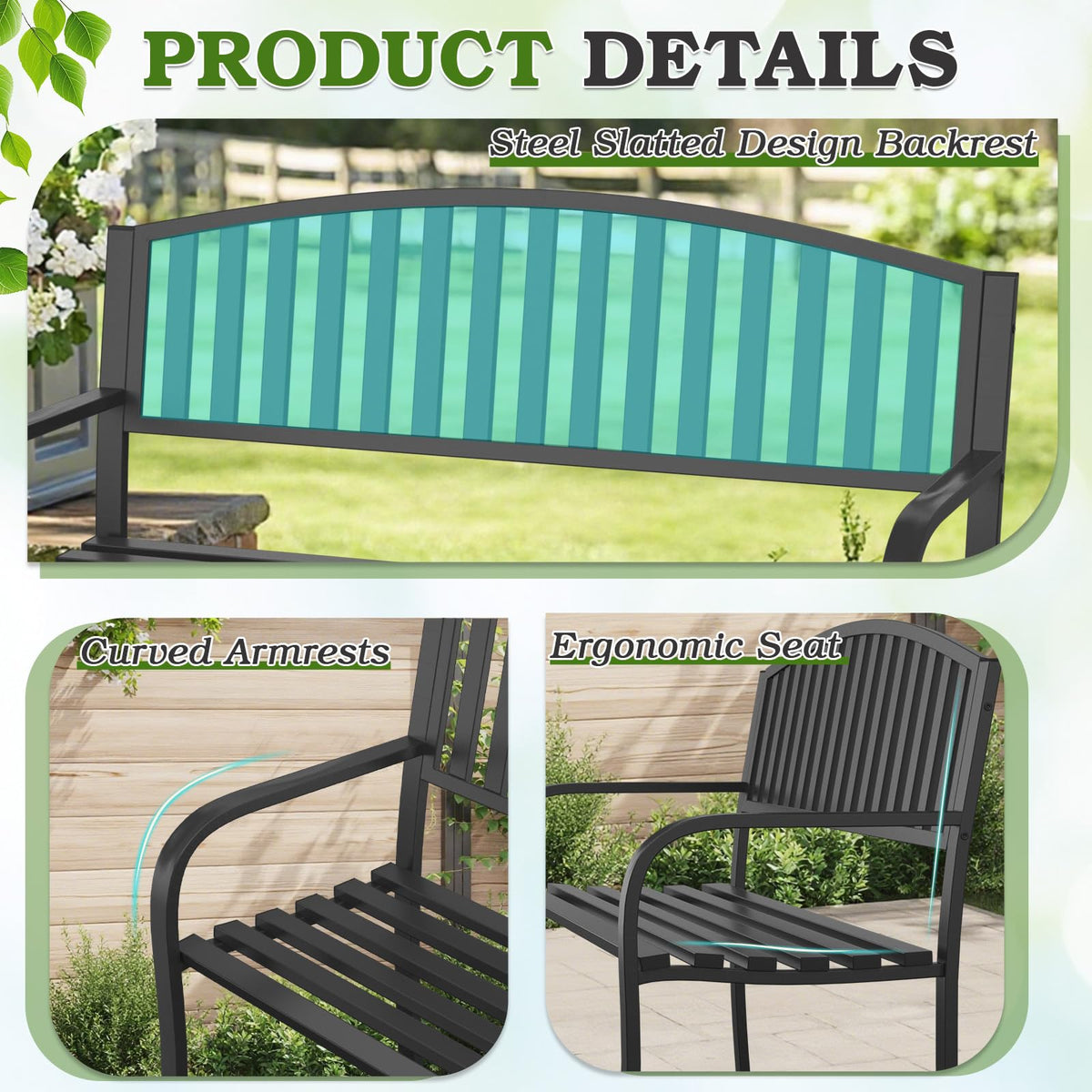 50" Iron Metal Outdoor Bench with Backrest and Armrests N702389
