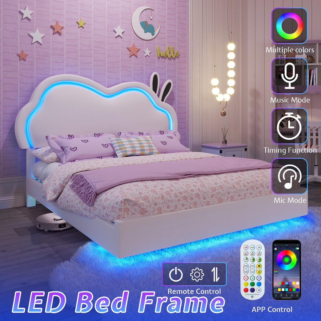 White Full Floating Bed Frame with Adjustable Headboard Y39906