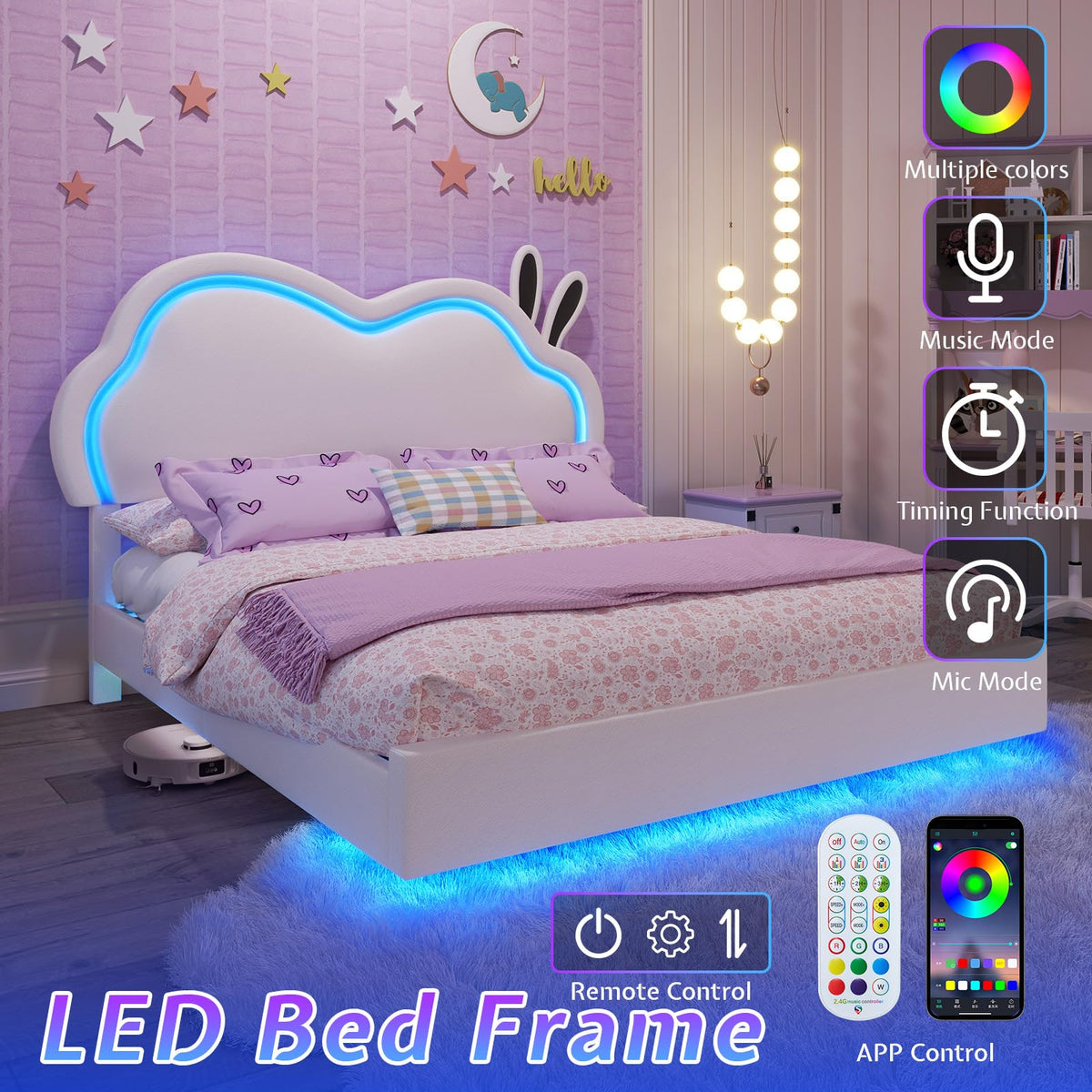 White Full Floating Bed Frame with Adjustable Headboard Y39906