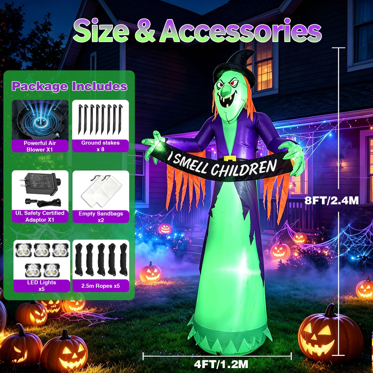 8FT Inflatable Witch Halloween Decoration with Built-in LED Lights S182