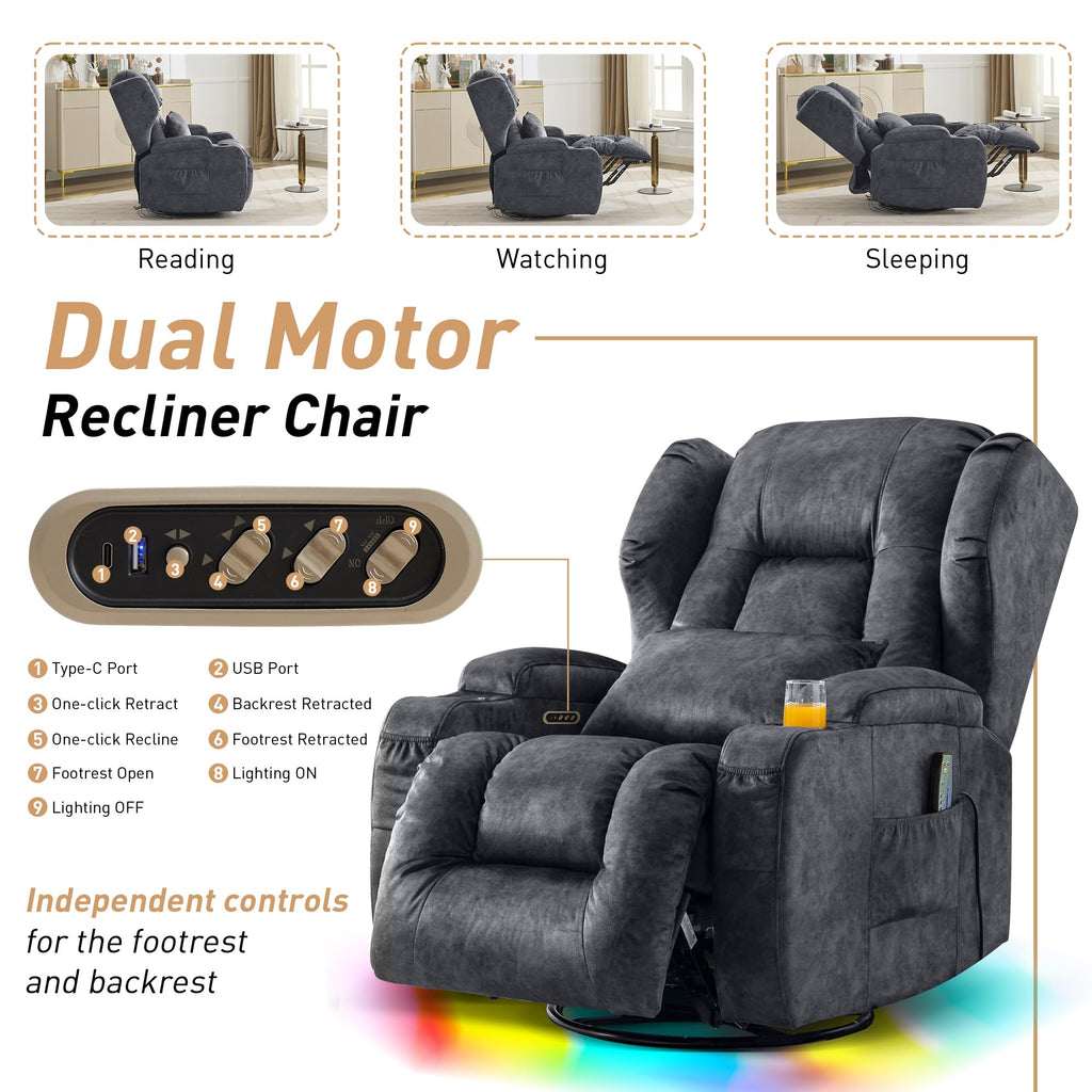 Dual Motor Power Swivel Rocker Recliner Chairs with Massage & Heat W3880