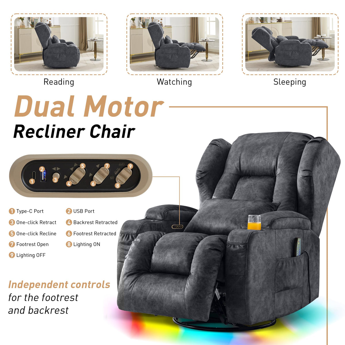 Dual Motor Power Swivel Rocker Recliner Chairs with Massage & Heat W3880