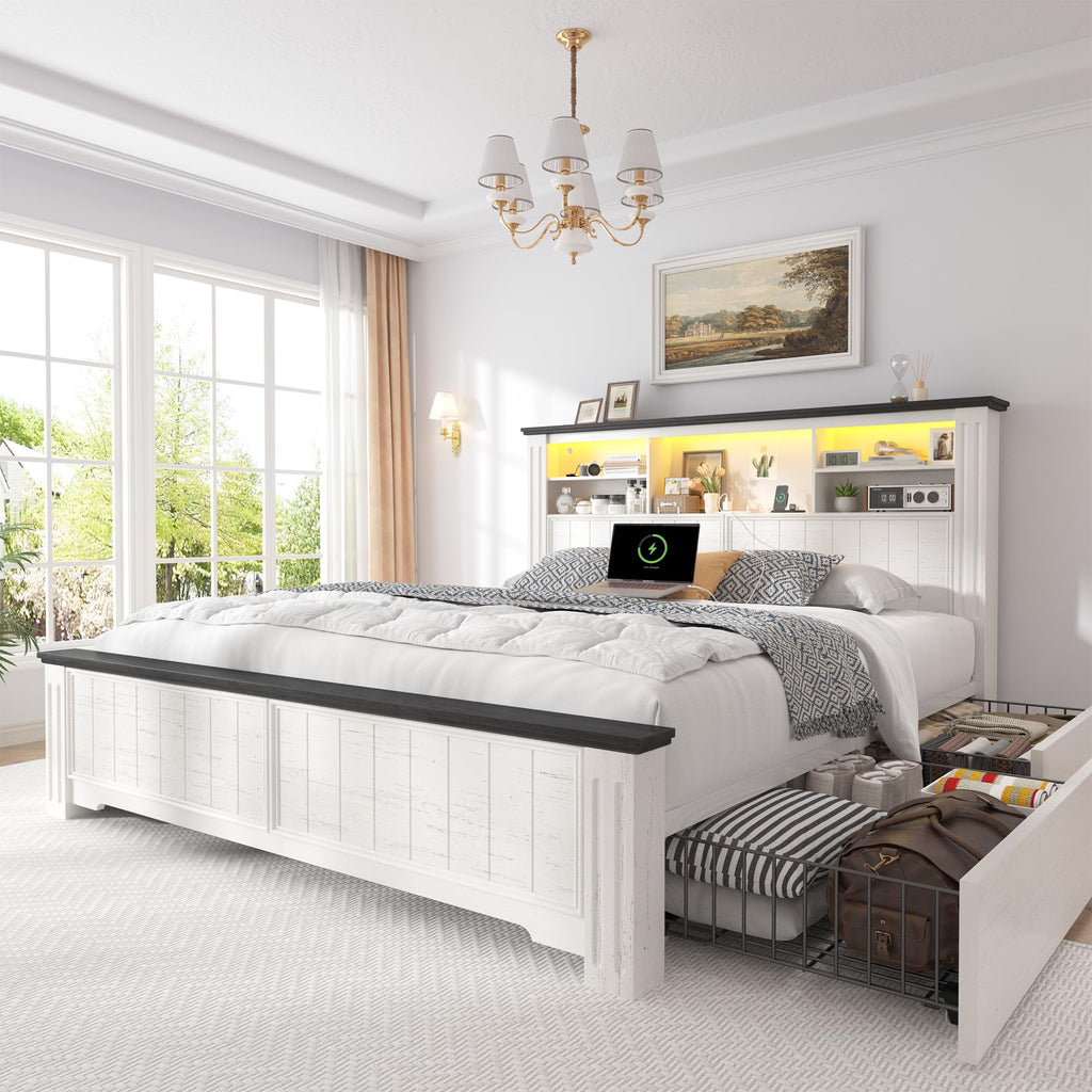 White Full Size Bed Frame with Headboard and Storage U35397