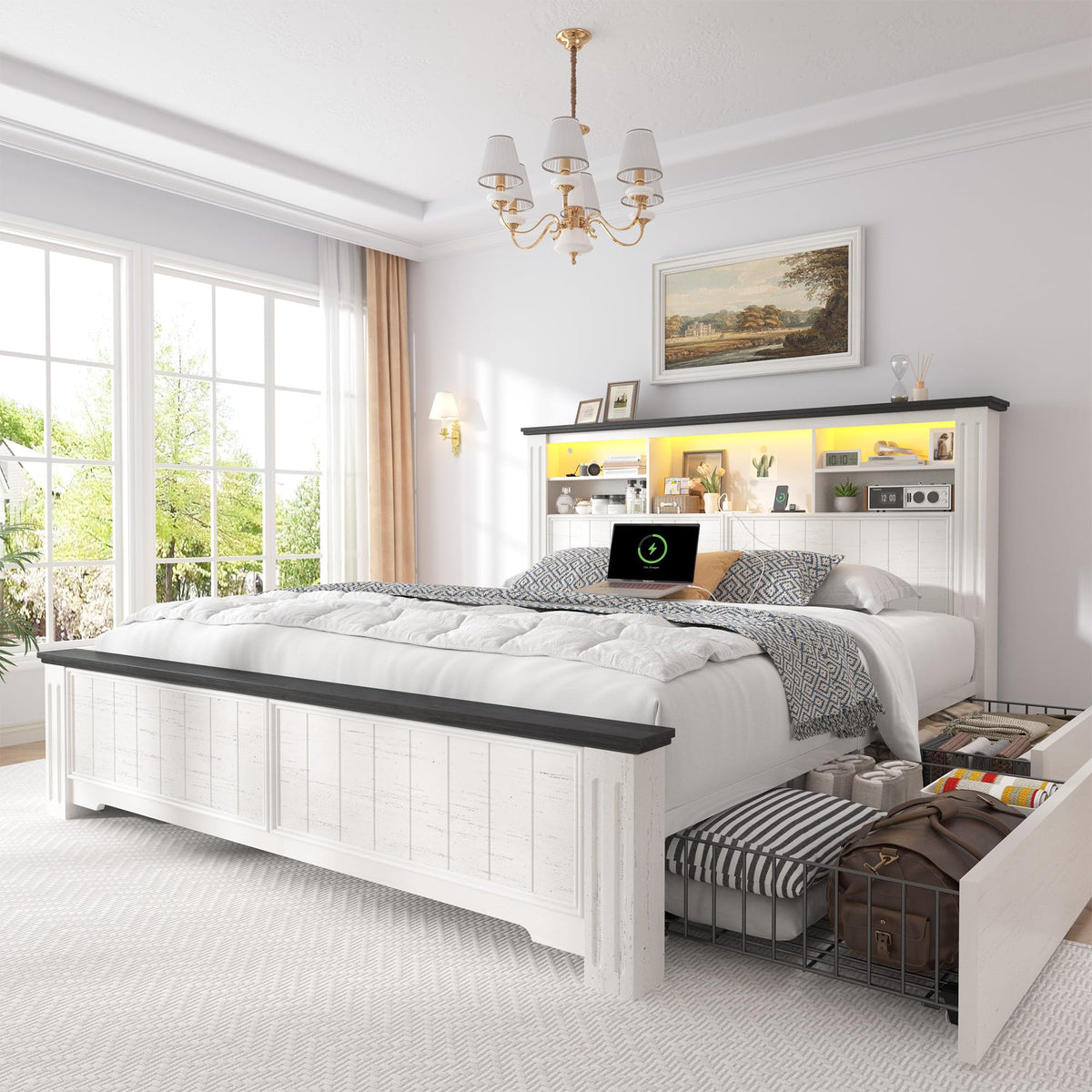 White Full Size Bed Frame with Headboard and Storage U35397
