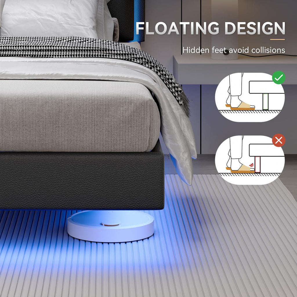 Black Full Size Floating Bed Frame with LED Lights H208