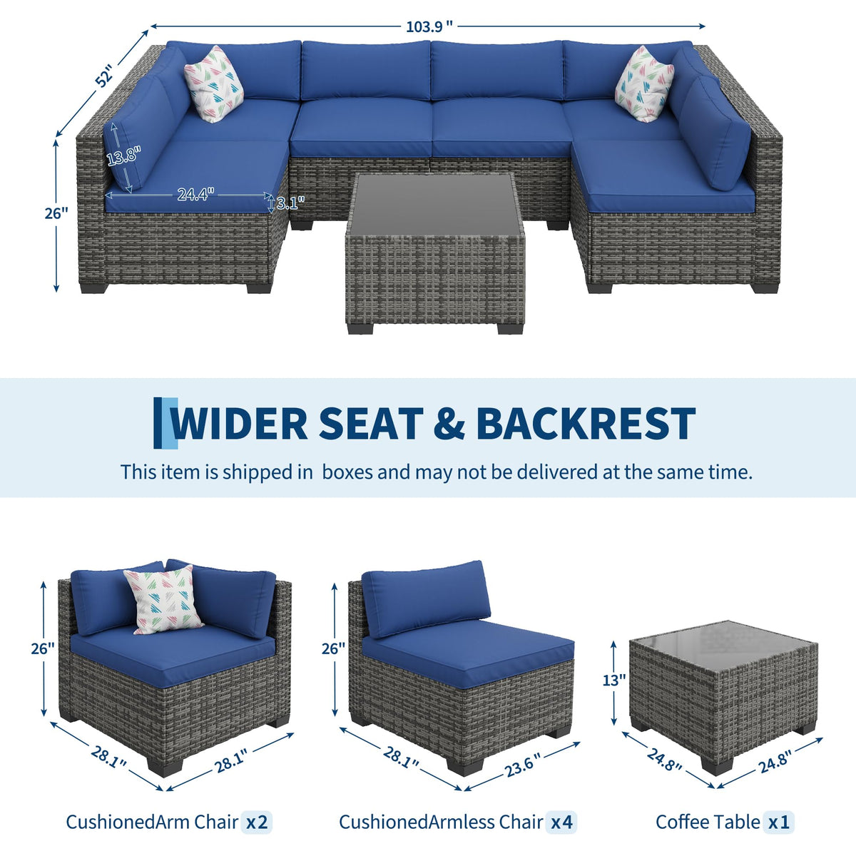 7-Piece Outdoor Rattan Sectional Sofa Set with Coffee Table M8356