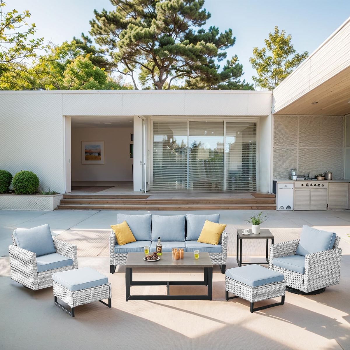 7 Piece Wicker Patio Sofa Set with Swivel Rocker Chairs and Ottomans D1544