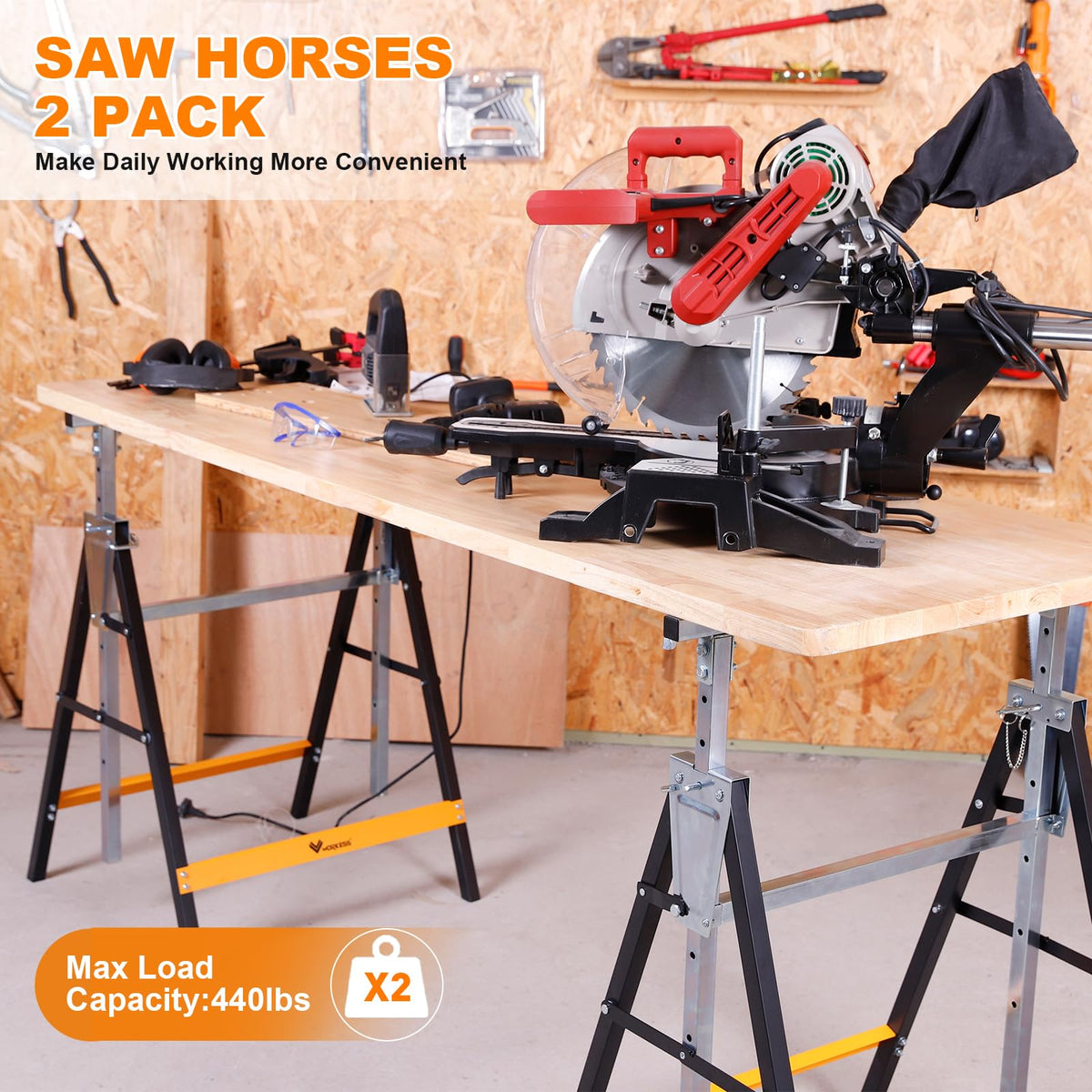 Metal Saw Horses 2 Pack Folding Heavy Duty 880 lbs Adjustable L767