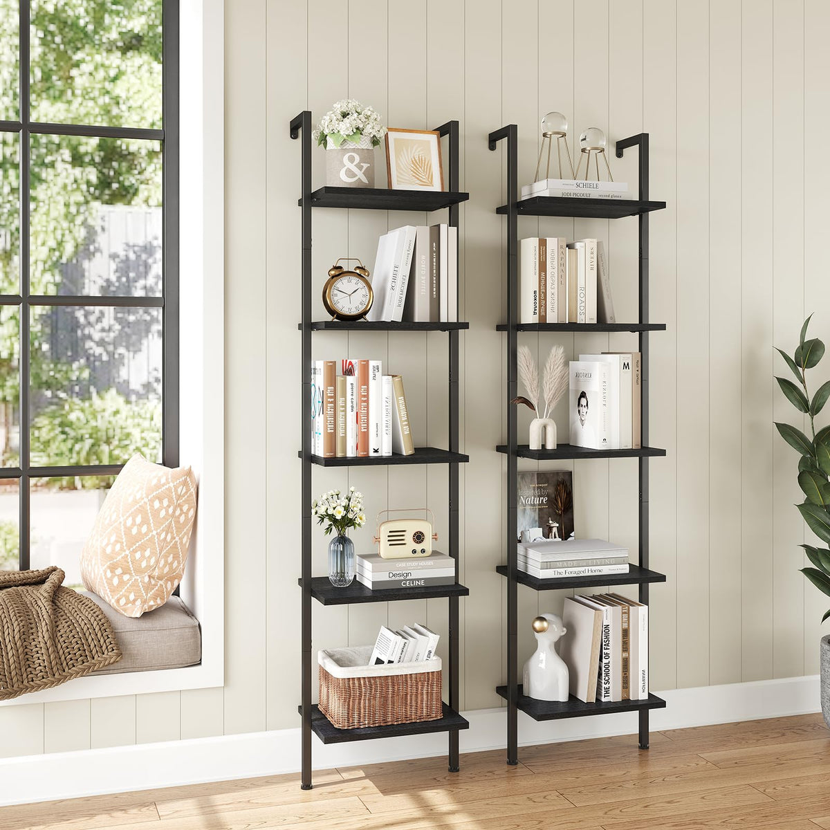 5-Tier Wood Wall Mounted Ladder Bookshelf H7349