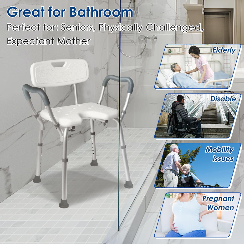 Extra Wide Padded Armrests Shower Chair, 500lbs Capacity, Aluminum D96907