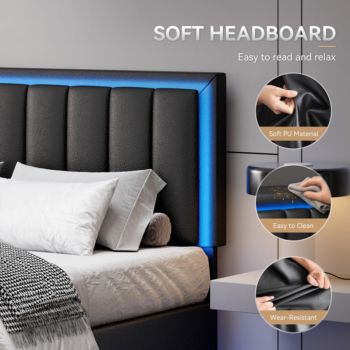 Black Full Size Floating Bed Frame with LED Lights H208