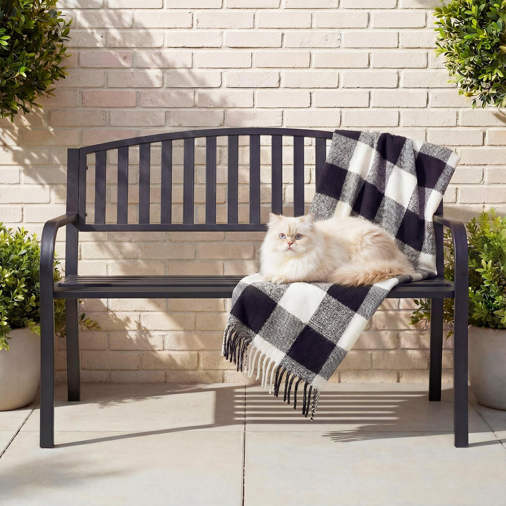 50" Iron Metal Outdoor Bench with Backrest and Armrests N702389