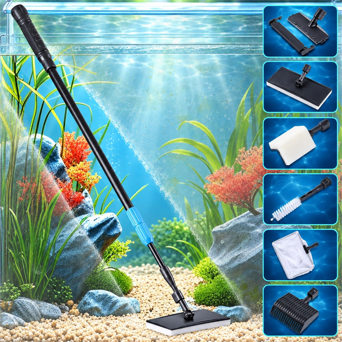 6 in 1 Aquarium Cleaning Tool Kit with Telescopic Long Handle C571
