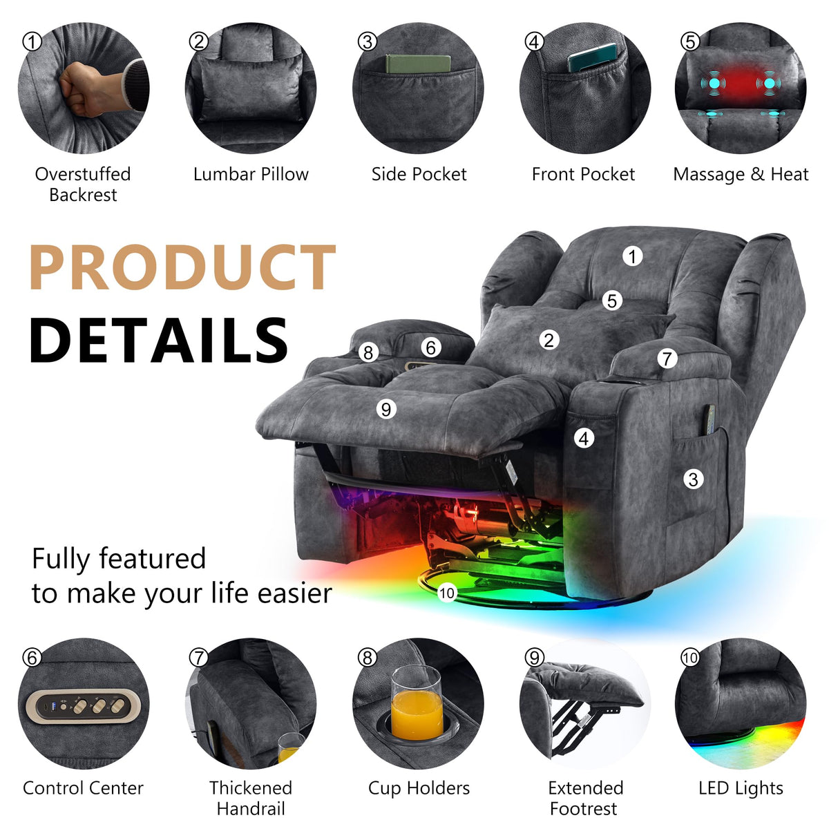 Dual Motor Power Swivel Rocker Recliner Chairs with Massage & Heat W3880