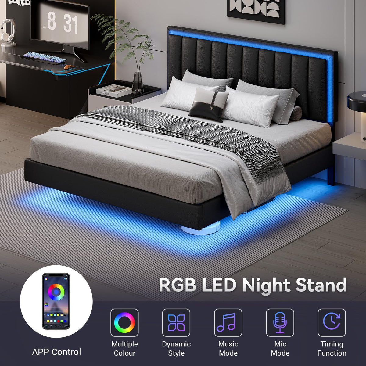 Black Full Size Floating Bed Frame with LED Lights H208