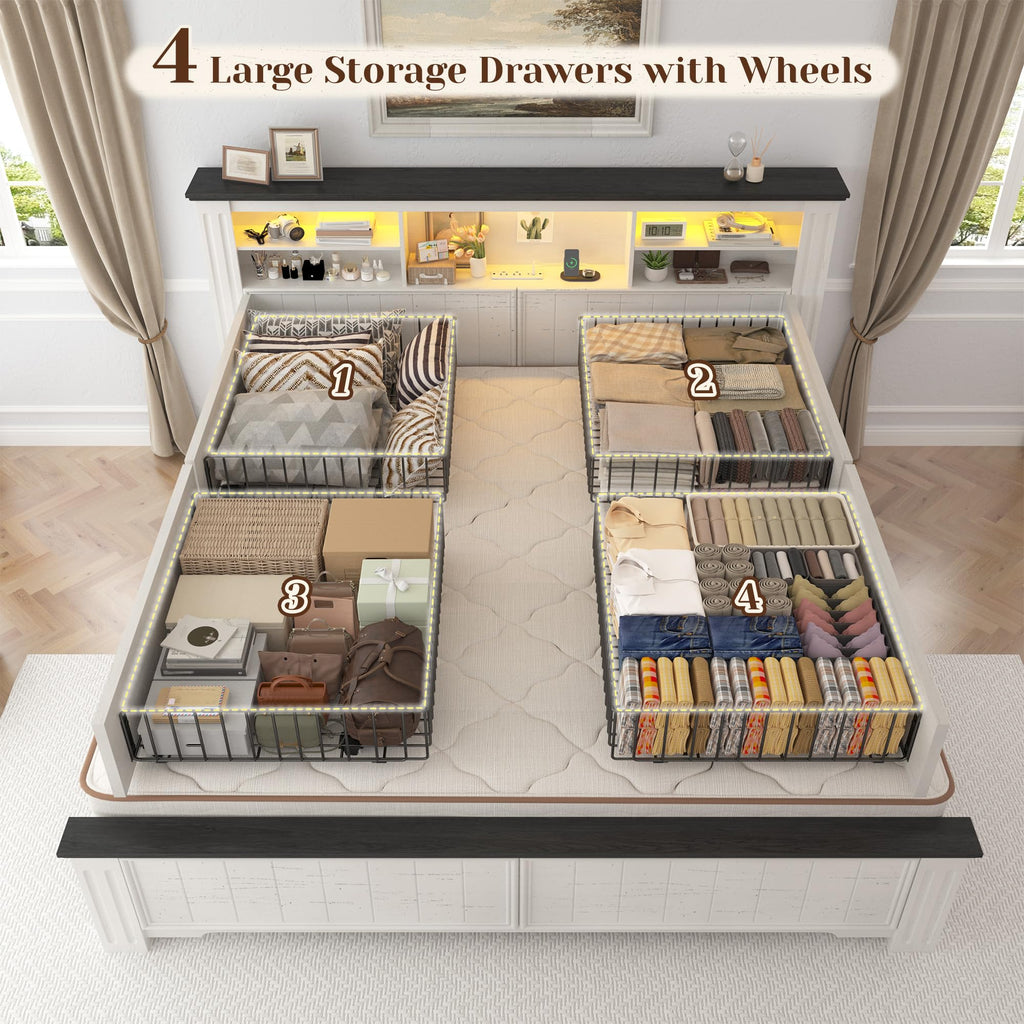 White Full Size Bed Frame with Headboard and Storage U35397