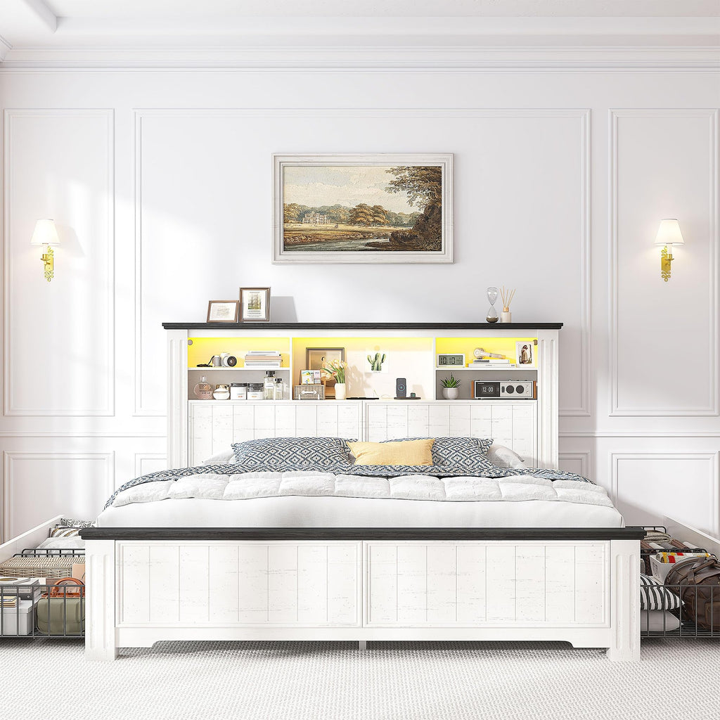 White Full Size Bed Frame with Headboard and Storage U35397