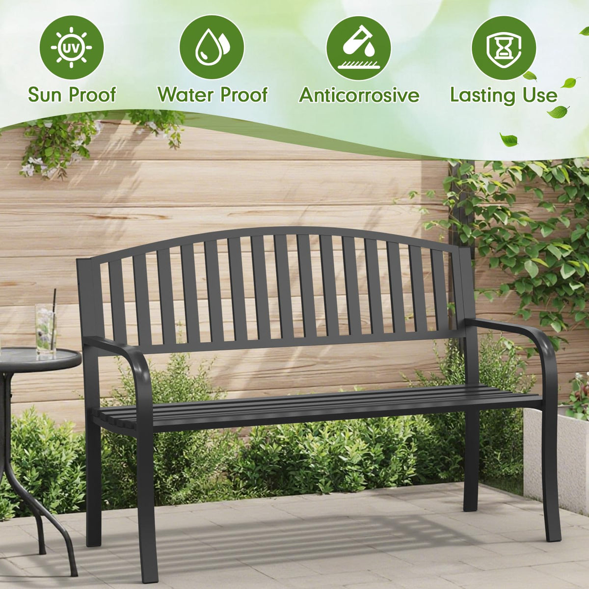 50" Iron Metal Outdoor Bench with Backrest and Armrests N702389
