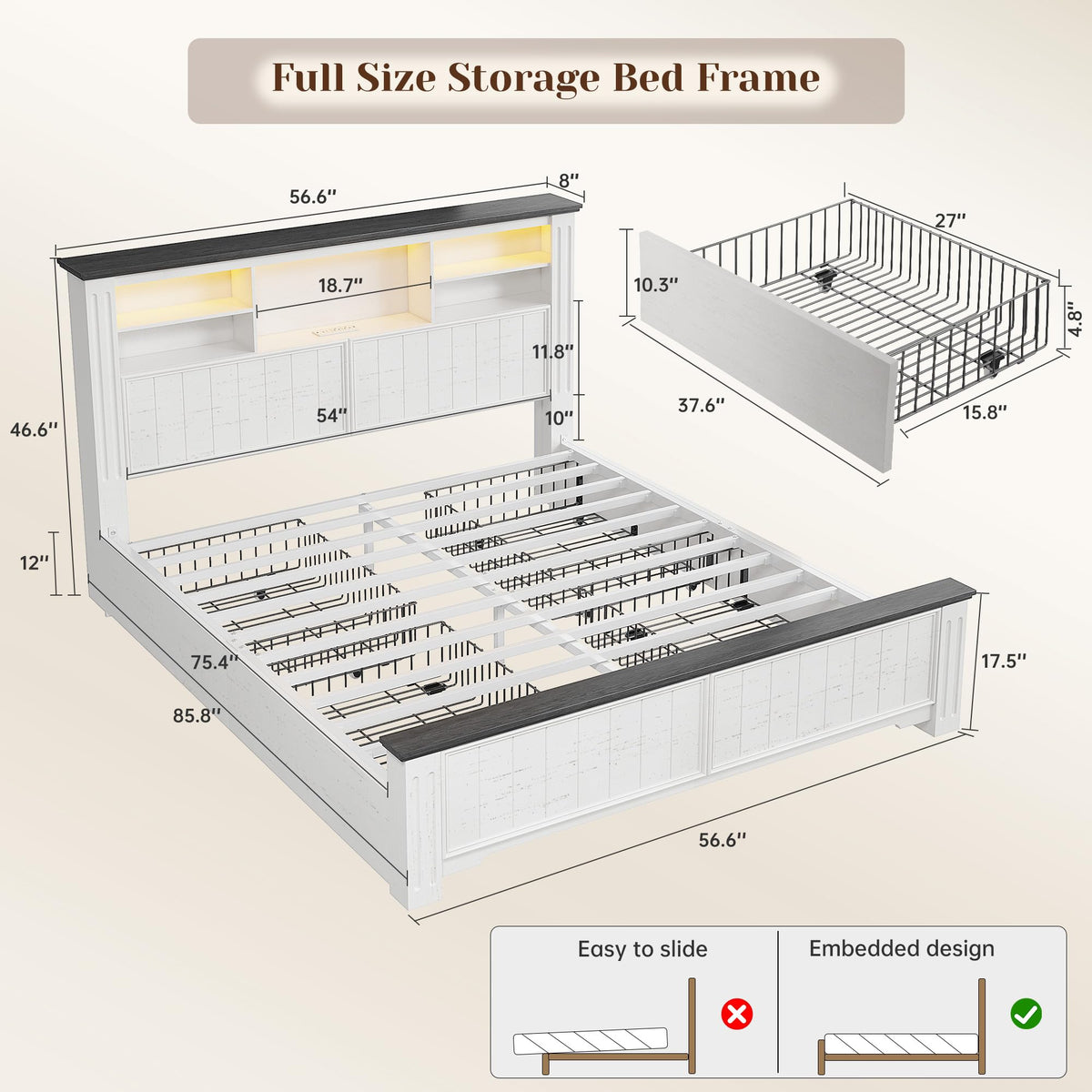 White Full Size Bed Frame with Headboard and Storage U35397