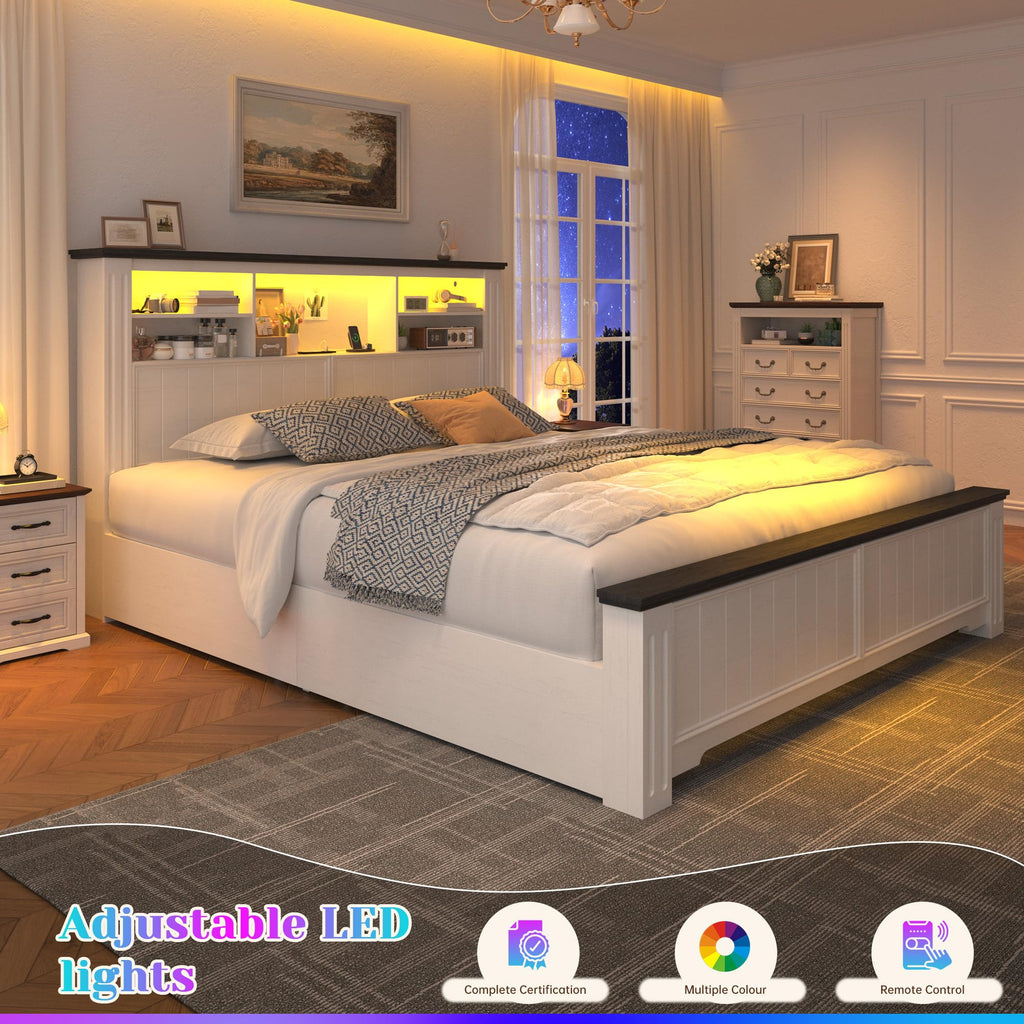 White Full Size Bed Frame with Headboard and Storage U35397
