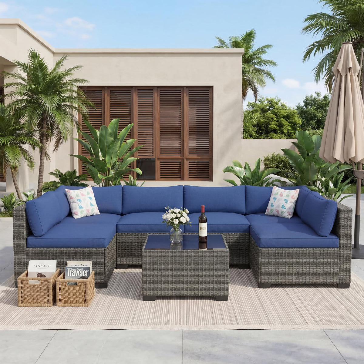 7-Piece Outdoor Rattan Sectional Sofa Set with Coffee Table M8356