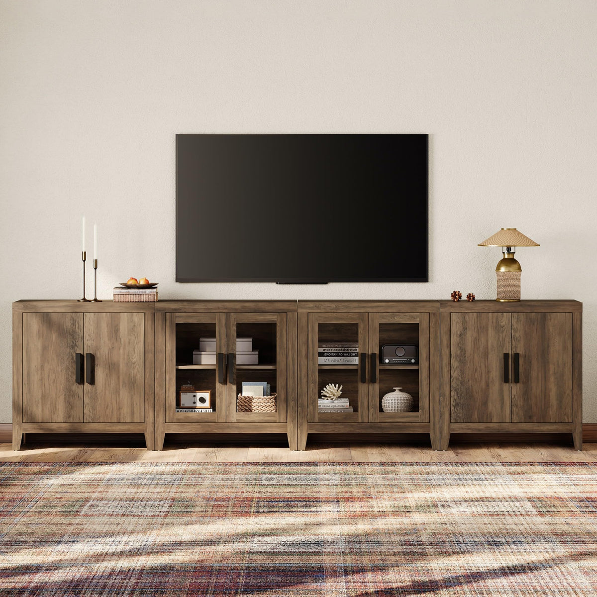 Brown Wood TV Stand with Storage and Glass Doors T7615
