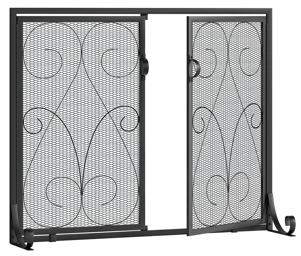 2-Panel Wrought Iron Fireplace Screen with Doors Black F792