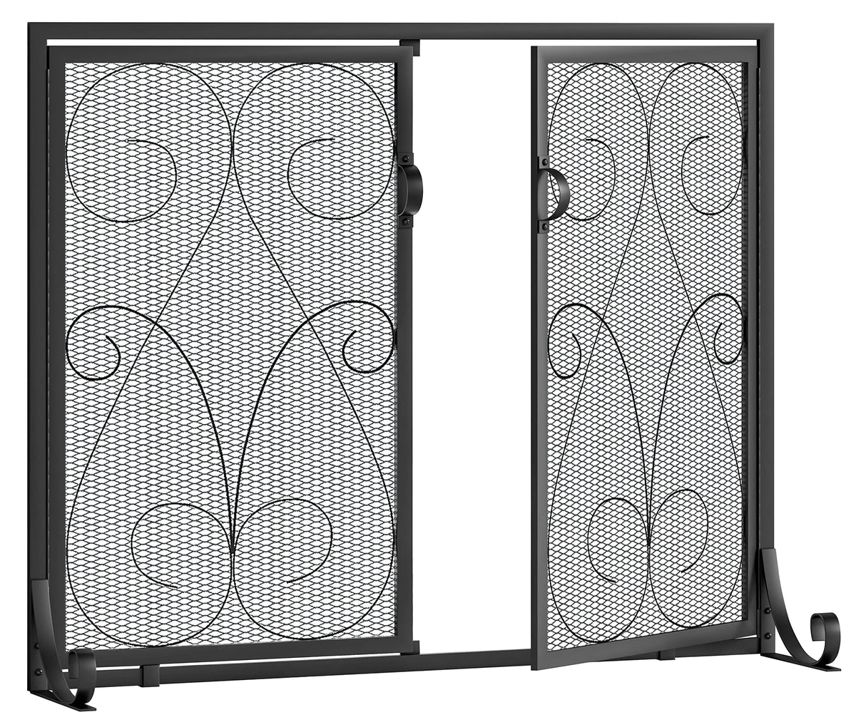 2-Panel Wrought Iron Fireplace Screen with Doors Black F792