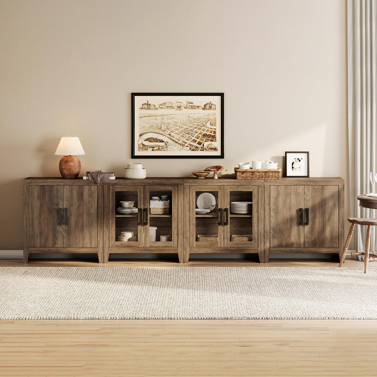 Brown Wood TV Stand with Storage and Glass Doors T7615