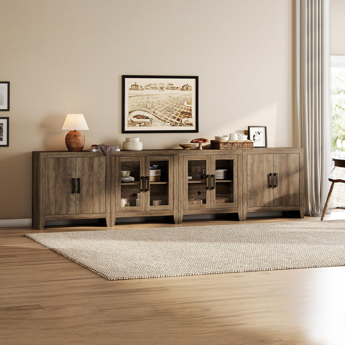 Brown Wood TV Stand with Storage and Glass Doors T7615