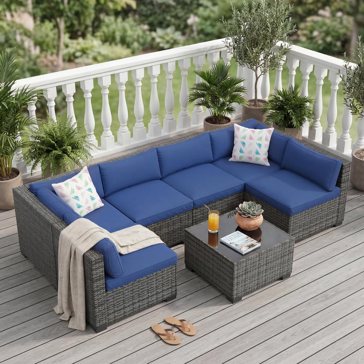 7-Piece Outdoor Rattan Sectional Sofa Set with Coffee Table M8356