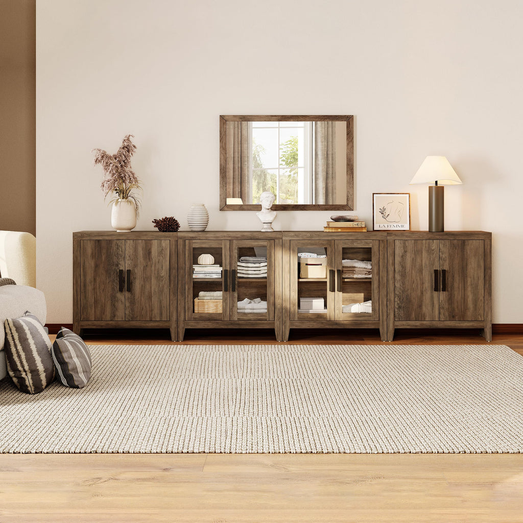 Brown Wood TV Stand with Storage and Glass Doors T7615