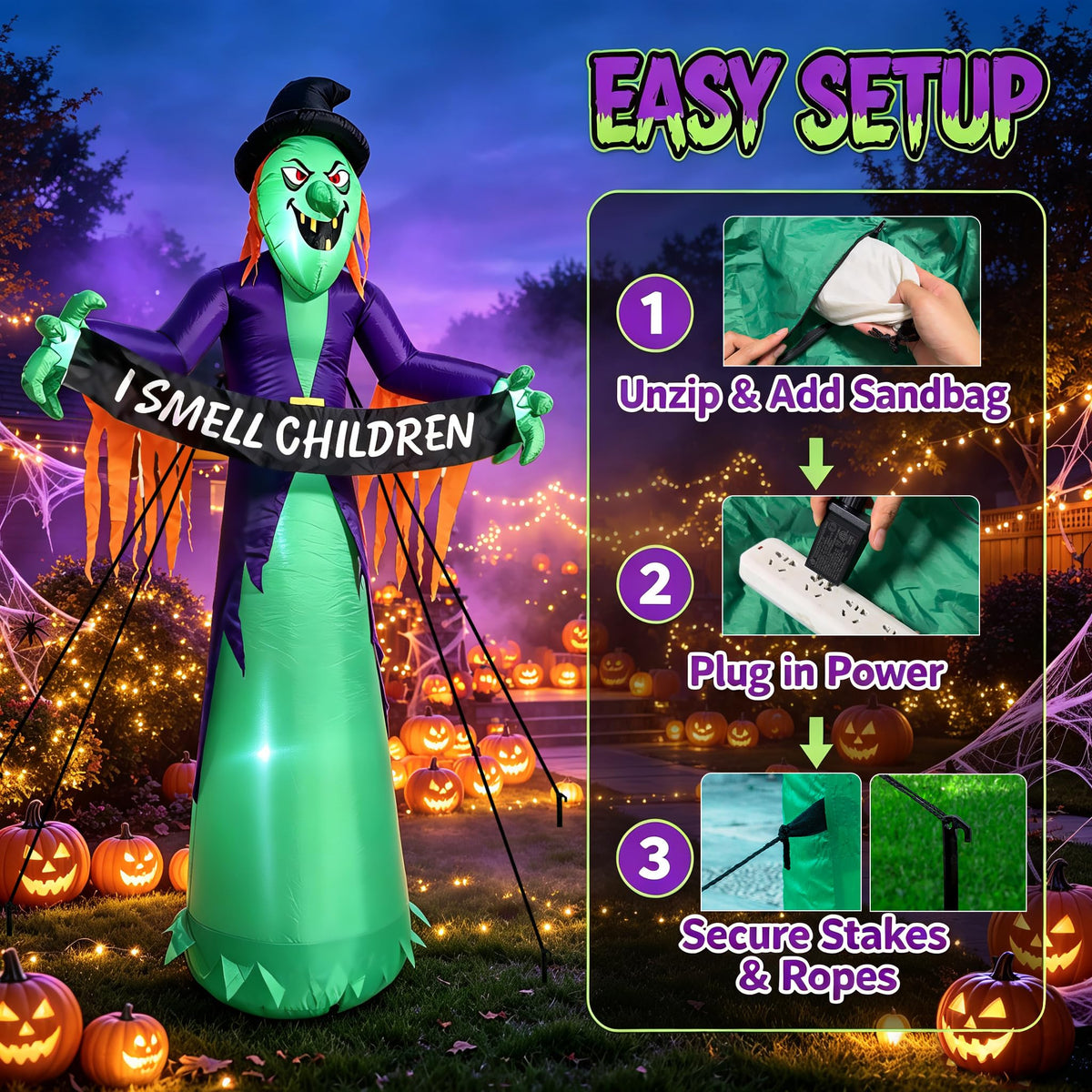 8FT Inflatable Witch Halloween Decoration with Built-in LED Lights S182