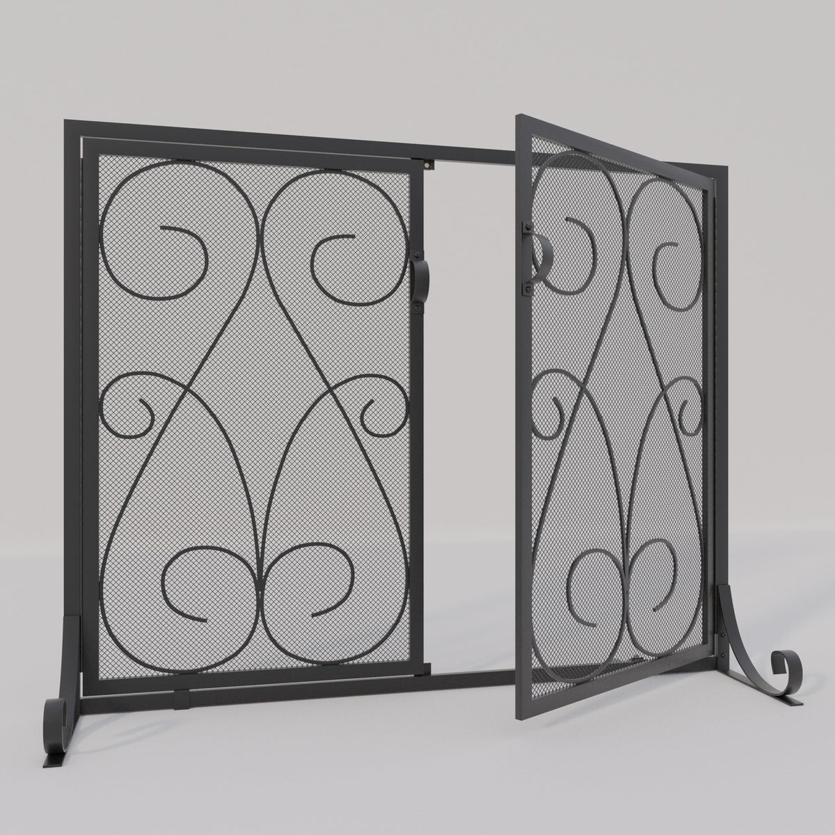 2-Panel Wrought Iron Fireplace Screen with Doors Black F792