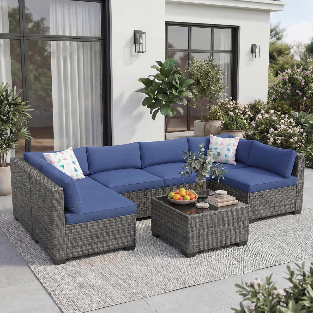 7-Piece Outdoor Rattan Sectional Sofa Set with Coffee Table M8356