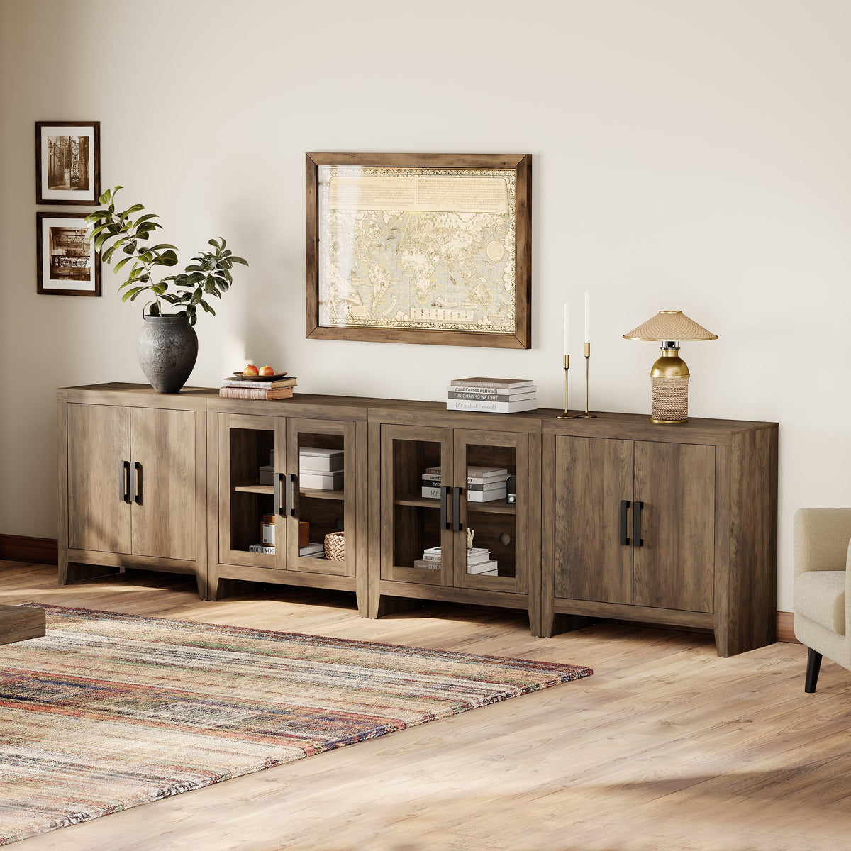 Brown Wood TV Stand with Storage and Glass Doors T7615